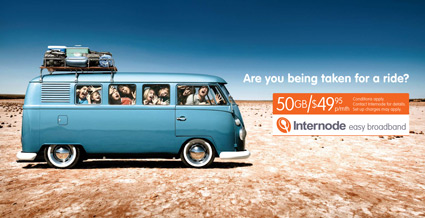 Are you being taken for a ride? Internode Easy Broadband Advertisement with Kombi Van jam packed full of people - $49.95 per month, 50GB