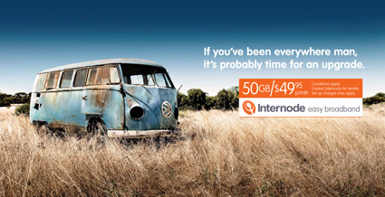 If you've been everywhere man, it's probably time for an upgrade. Internode Easy Broadband Advertisment with broken down Kombi Van - $49.95 per month, 50GB